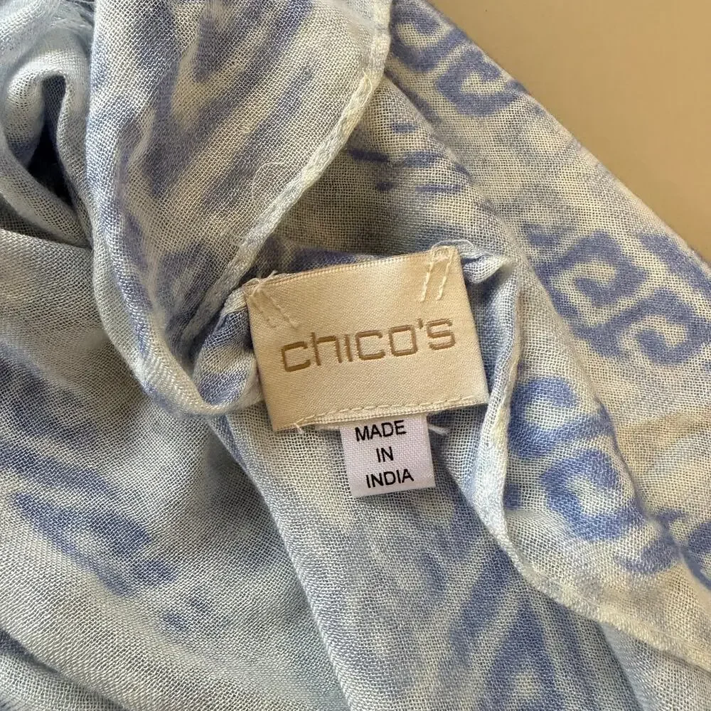 Chico's Blue & White Geometric Ikat Oblong Lightweight Scarf Wrap Boho Chic